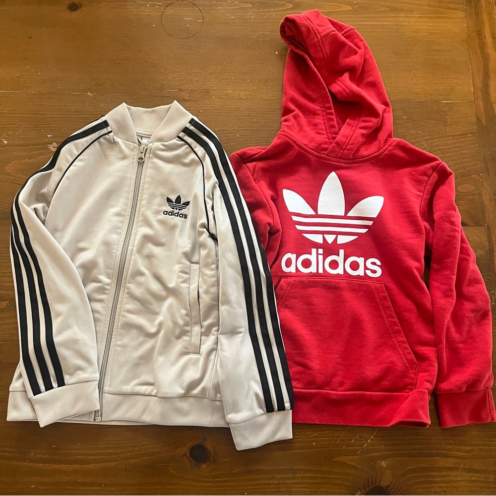 Adidas Kids Red Hoodie and Beige Jacket Set